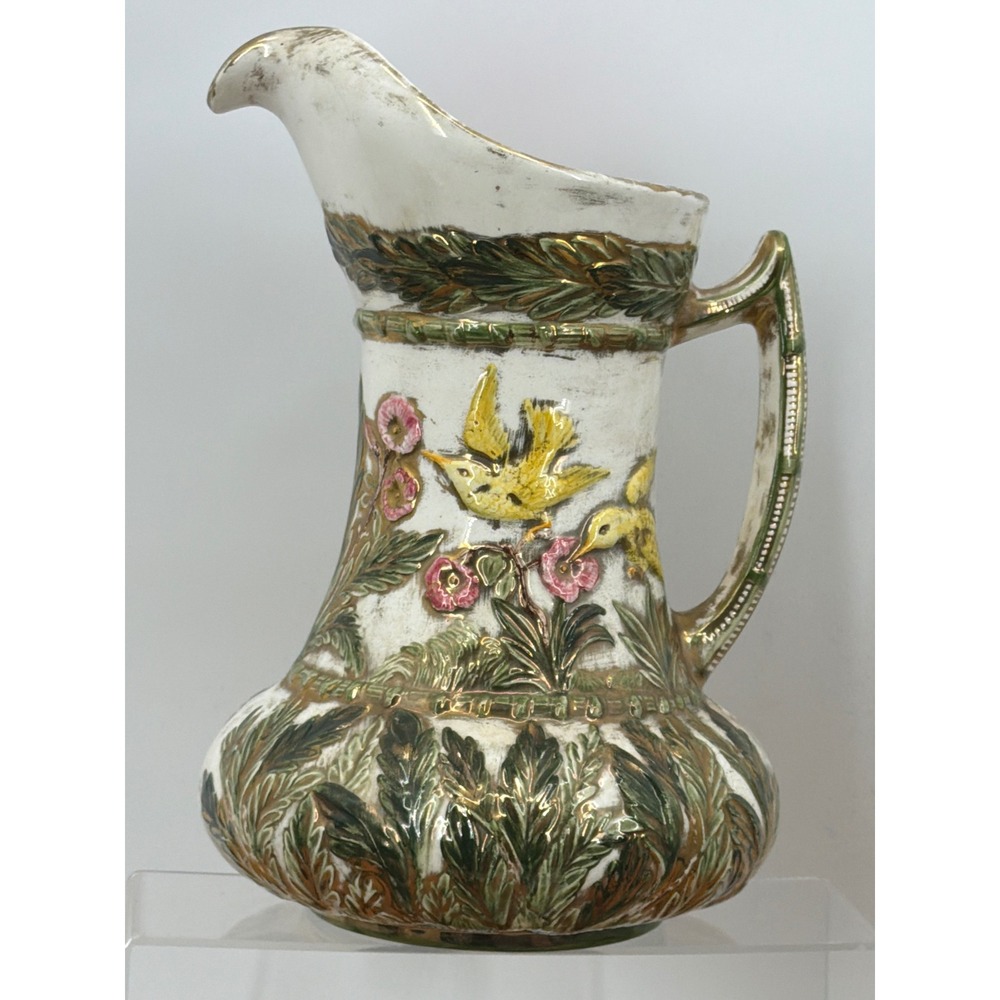 Vtg Unique Majolica Hummingbird Pitcher‎ Hand Painted Gold Pink Interior Signed